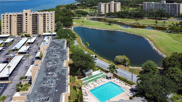 birds eye view of property featuring a water view