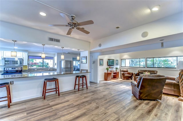 living room featuring ceiling fan and light hardwood / wood-style floors