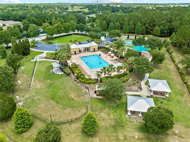 aerial view featuring a forest view