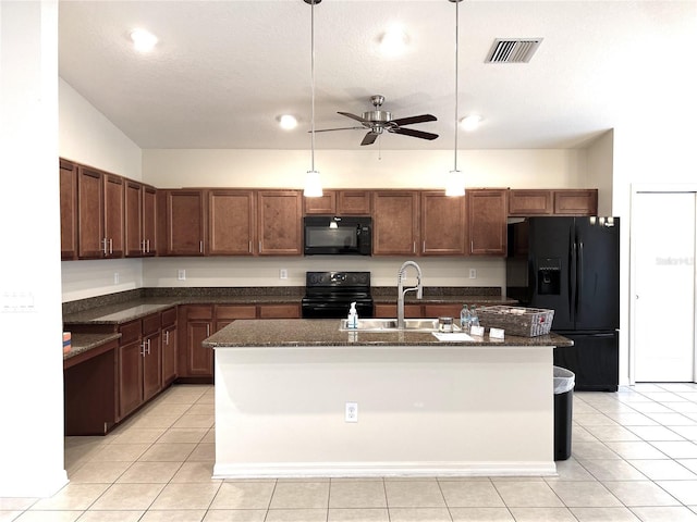 kitchen featuring light tile patterned floors, visible vents, ceiling fan, a sink, and black appliances