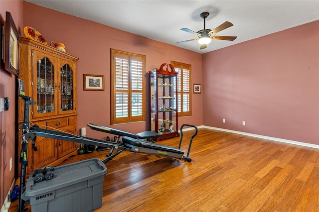 exercise room featuring ceiling fan and light hardwood / wood-style floors