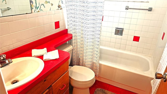 full bathroom with toilet, shower / tub combo, tile patterned floors, and vanity