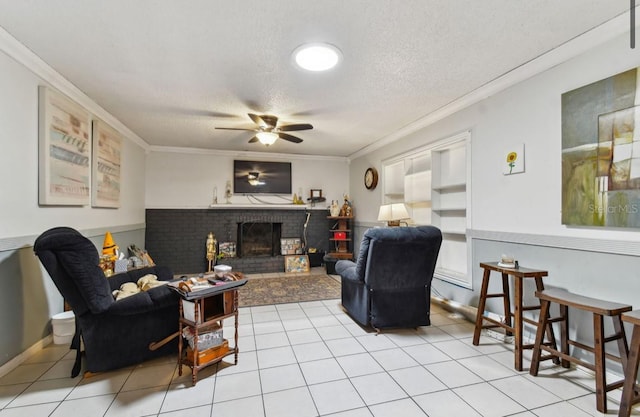 tiled living room with crown molding, a fireplace, and a textured ceiling