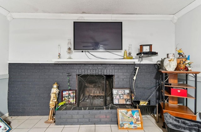 room details with ceiling fan, a fireplace, crown molding, and a textured ceiling