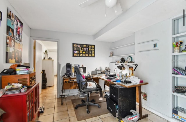 home office with ceiling fan and light tile patterned flooring