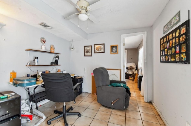 home office featuring ceiling fan and light tile patterned flooring