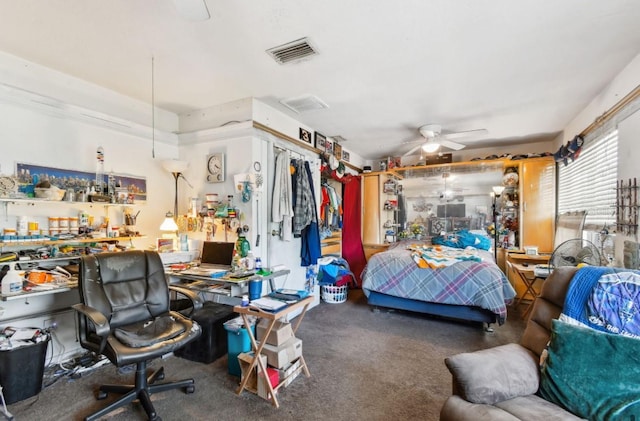 carpeted bedroom with ceiling fan