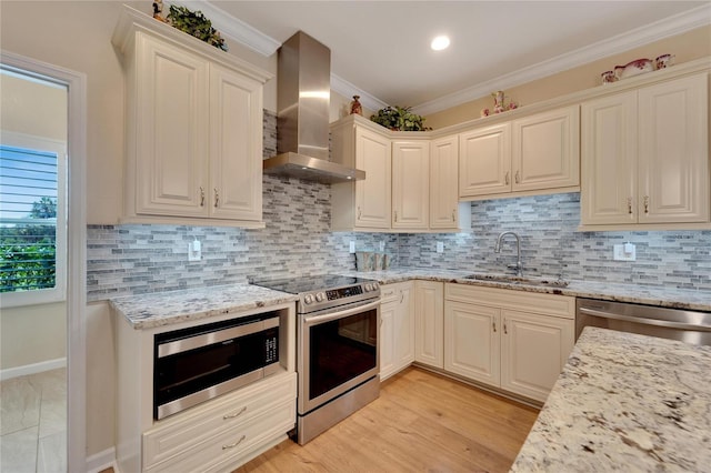 2628 River Bend Dr, Ruskin, FL 33570 - kitchen with backsplash, wall chimney range hood, crown molding, sink, and appliances with stainless steel finishes