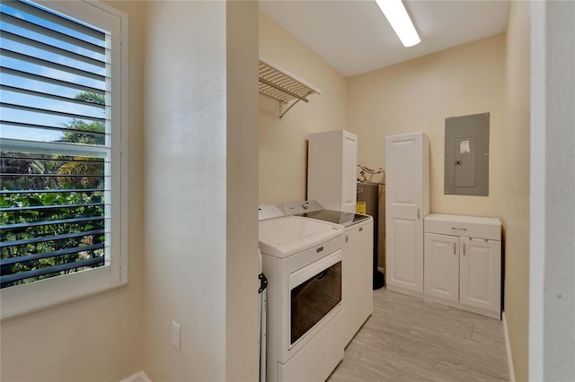 2628 River Bend Dr, Ruskin, FL 33570 - clothes washing area featuring electric water heater, plenty of natural light, separate washer and dryer, and electric panel