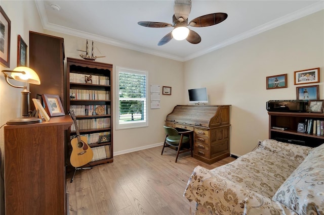 2628 River Bend Dr, Ruskin, FL 33570 - office space featuring ceiling fan, crown molding, and light hardwood / wood-style flooring