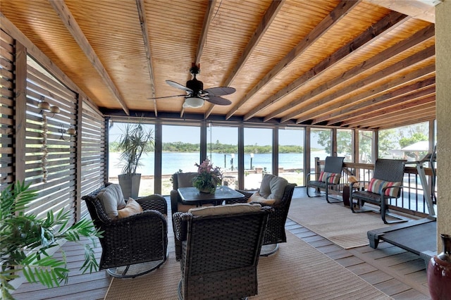 2628 River Bend Dr, Ruskin, FL 33570 - sunroom / solarium featuring beam ceiling, a water view, ceiling fan, and wooden ceiling
