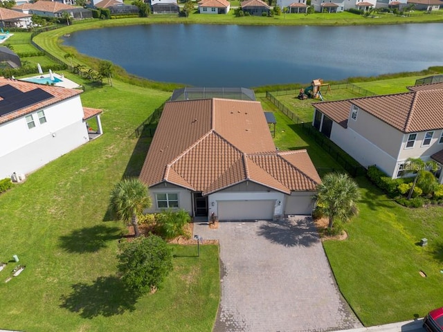 drone / aerial view featuring a water view