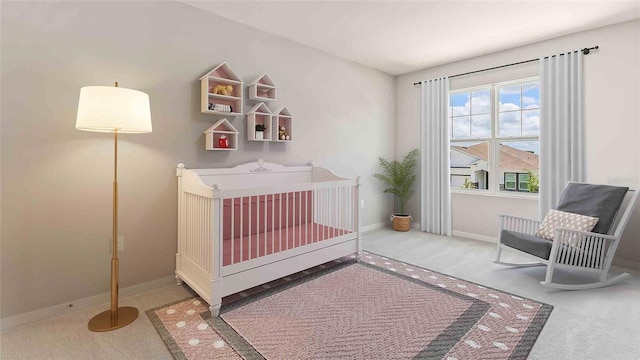 bedroom featuring a crib and carpet floors