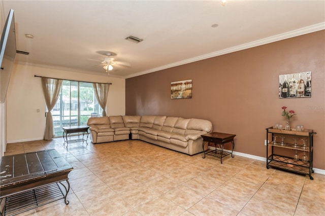 living room featuring visible vents, ornamental molding, and ceiling fan