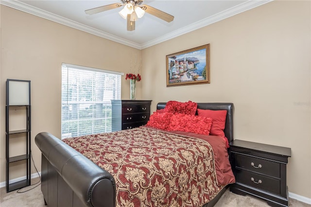 bedroom with baseboards, ornamental molding, a ceiling fan, and light colored carpet