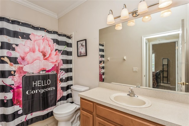 bathroom with curtained shower, vanity, toilet, and crown molding