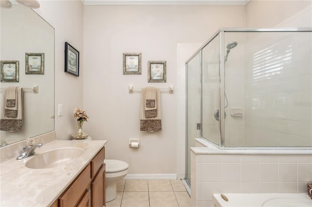 full bath with a stall shower, tile patterned flooring, vanity, and toilet