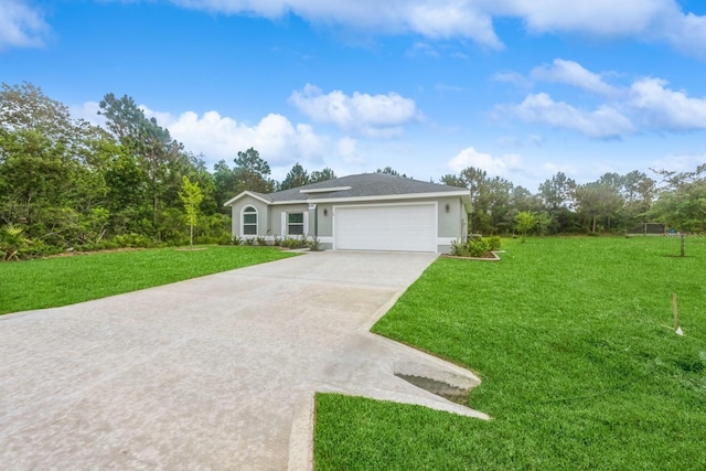 ranch-style house featuring a garage and a front lawn