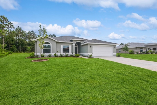 ranch-style house with a garage and a front yard