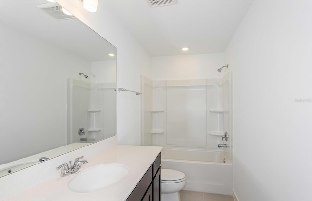 full bathroom featuring bathing tub / shower combination, vanity, tile patterned floors, and toilet