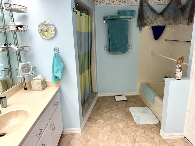 full bath with curtained shower, a tub to relax in, vanity, and baseboards