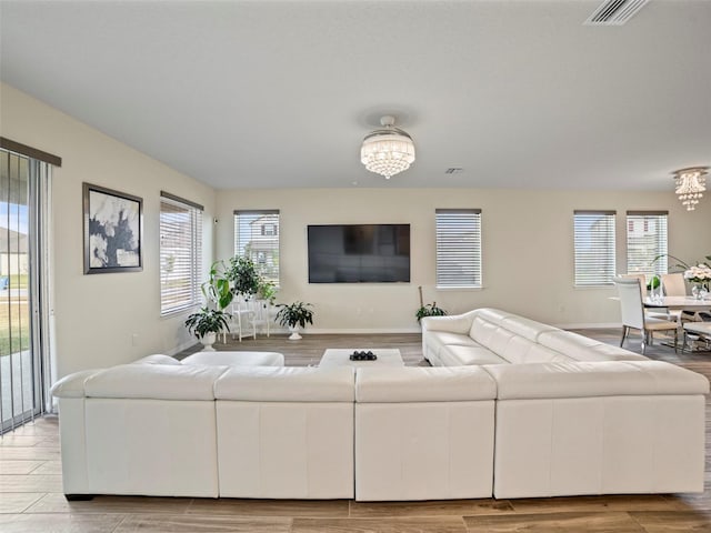 living room with a chandelier