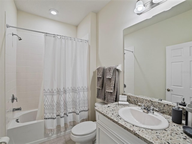 full bathroom with toilet, shower / tub combo, vanity, and tile patterned floors