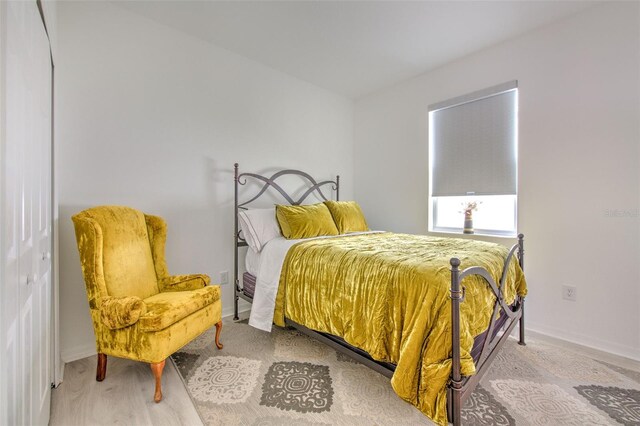 bedroom with wood-type flooring and a closet