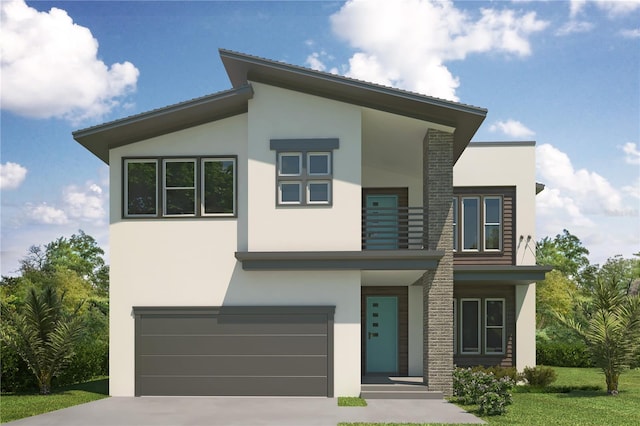 modern home featuring concrete driveway, a balcony, an attached garage, and stucco siding