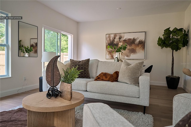 living room with dark wood-type flooring and a healthy amount of sunlight