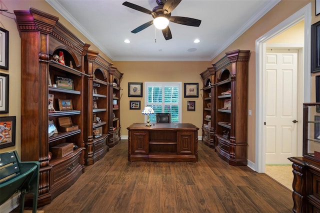 home office featuring dark hardwood / wood-style floors, ceiling fan, and crown molding