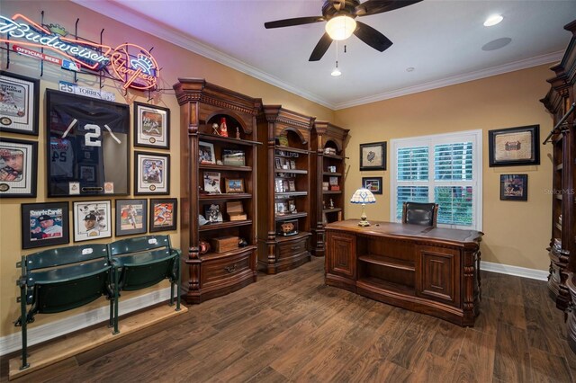 office area featuring ornamental molding, dark hardwood / wood-style floors, and ceiling fan