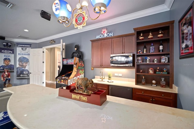 kitchen featuring pendant lighting, sink, crown molding, black dishwasher, and a chandelier