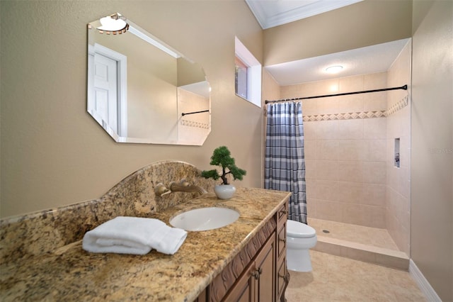 bathroom featuring a shower with curtain, tile floors, ornamental molding, toilet, and large vanity