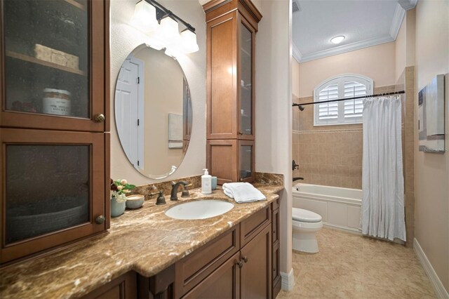 full bathroom with tile flooring, oversized vanity, shower / tub combo, ornamental molding, and toilet