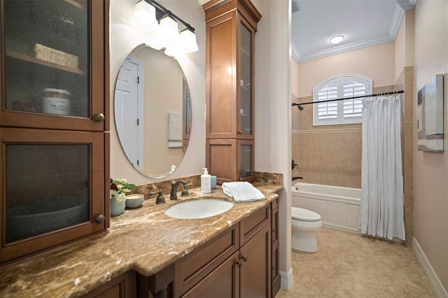 full bathroom featuring toilet, ornamental molding, vanity, and shower / bath combo with shower curtain