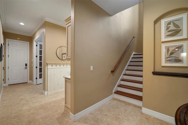 stairs with crown molding