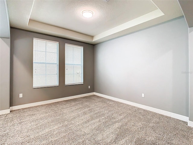 carpeted empty room featuring a textured ceiling and a tray ceiling