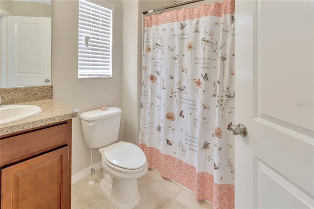 bathroom with tile patterned flooring, a shower with curtain, vanity, and toilet