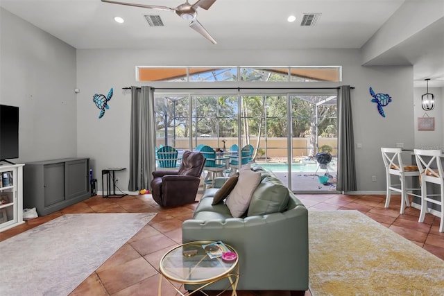 living area with recessed lighting, tile patterned floors, visible vents, and a ceiling fan