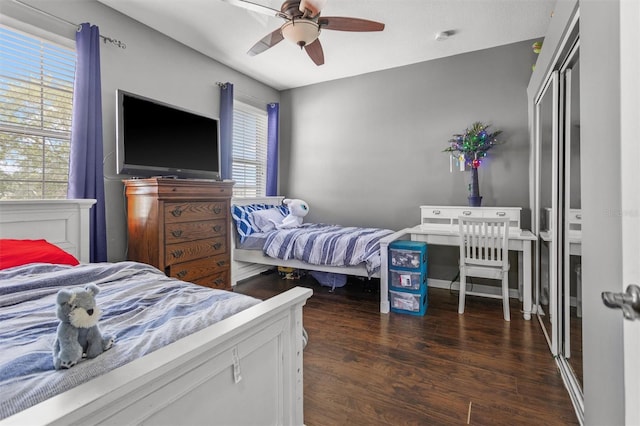 bedroom featuring a closet, ceiling fan, and wood finished floors