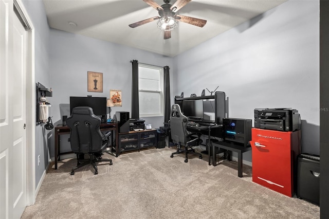 carpeted office with ceiling fan