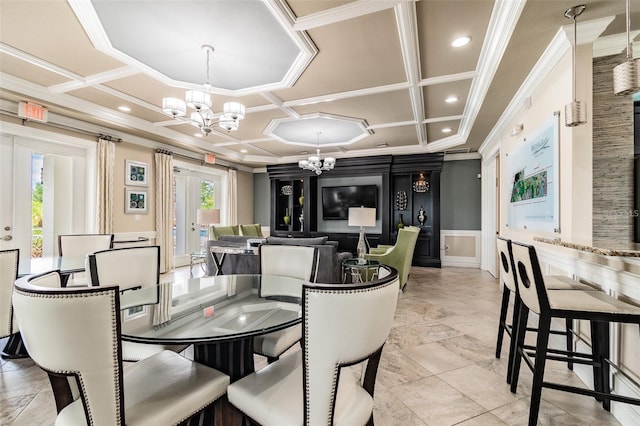 dining space with french doors, coffered ceiling, beamed ceiling, a chandelier, and ornamental molding