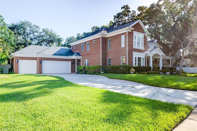 view of front of property featuring a garage and a front lawn