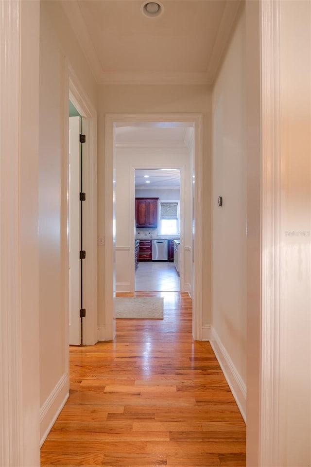 hall featuring ornamental molding and light wood-type flooring