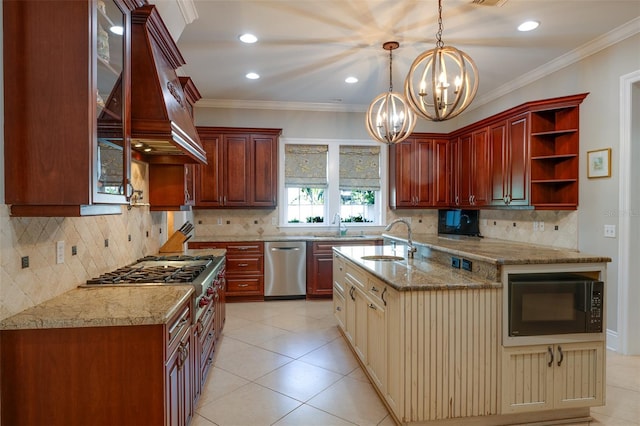 kitchen with dishwasher, an inviting chandelier, sink, cream cabinetry, and black microwave