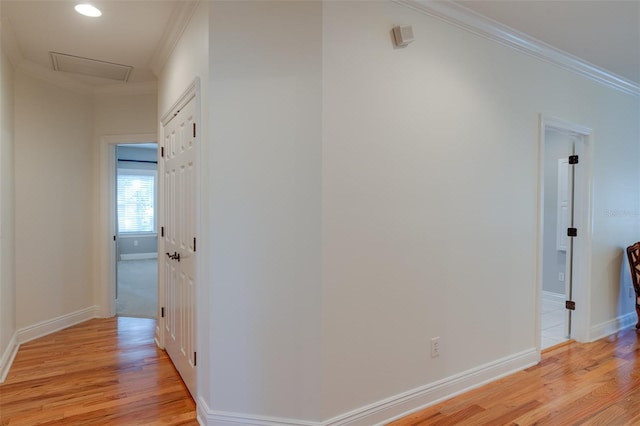 corridor featuring light hardwood / wood-style floors and ornamental molding