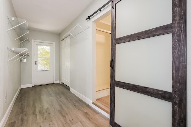 walk in closet with a barn door and light hardwood / wood-style flooring