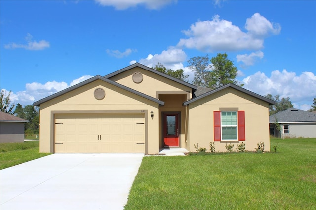 single story home featuring a front yard and a garage