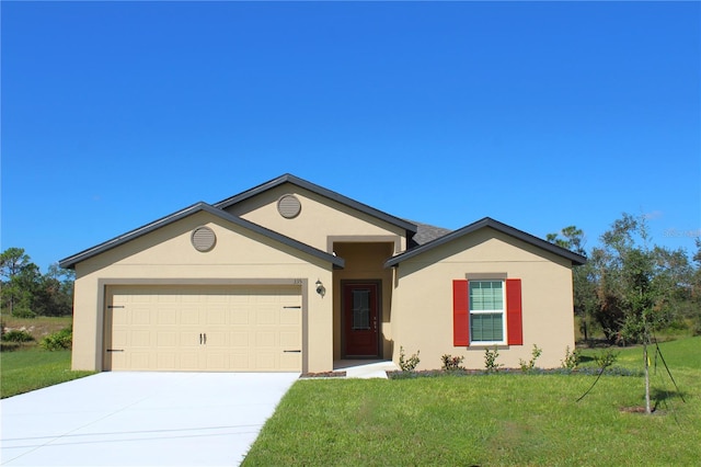 single story home featuring a front yard and a garage